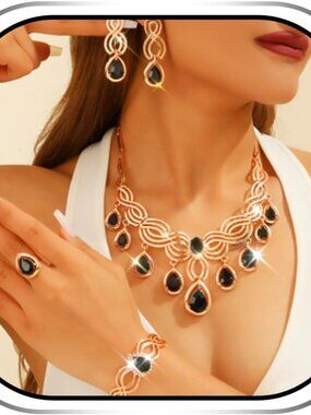 Black Crystal Jewelry Set Gold Statement Necklace Earrings Ring Bracelet Sets fo